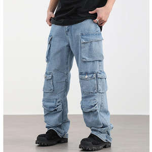 Jeans Cargo de Mezclilla Gruesa Lavada de Alta Calidad, Estilo Urbano, Corte Recto Holgado, con Múltiples Bolsillos, Personalizados OEM para Hombre - Product Image 4