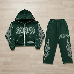 High Quality Slim Fit Latest Design Rhinestone Acid Wash Printed Tracksuit Custom <b>Colour</b> Unisex High Street Style Tracksuits - Product Image 1
