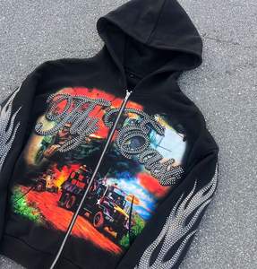 100% coton fermeture éclair à capuche surdimensionné Streetwear avec strass impression séchage rapide Anti-rides polaire hiver ODM tissu approvisionnement - Product Image 2