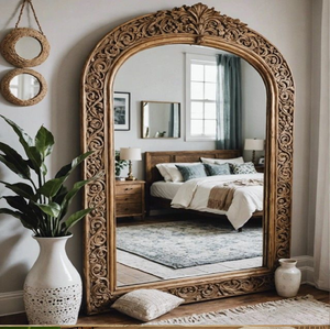 Espejo de madera oscura de cuerpo entero con intrincados motivos florales y hojas tallados a mano para un ambiente de decoración rústica, a precios al por mayor. - Product Image 2
