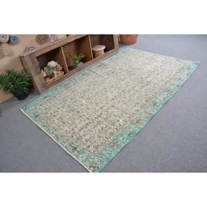 Tapis Turc Vintage 4'9 "X 8 'Vert Beige Classique Grande Surface Rectangle Peluche Laine Latex Classique Patchwork pour Couloir pour Chambre - Product Image 2