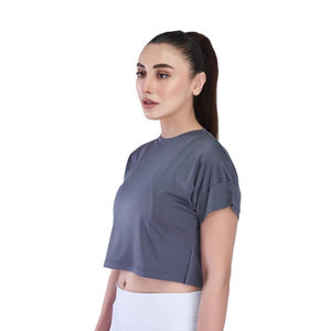 T-shirt court d'été à manches courtes et à col rond pour femmes, tricoté 100% coton, écologique, décontracté, pour le yoga et la gymnastique. - Product Image 3