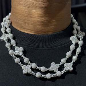Clover Shape Men's Hiphop Jewelry <b>Solid</b> <b>Silver</b> Cuban Link Chain with VVS Moissanite Diamond Ball Chain <b>Necklace</b> - Product Image 1