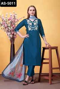Traje indio de rayón pesado flameado con bordado de secuencia, traje Salwar Kameez con conjunto Dupatta estampado Chanderi para mujer, vestido - Product Image 5