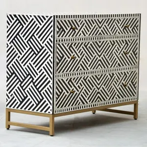 阿拉伯风格家具骨镶嵌三抽屉设计卧室黑色现代木质抽屉柜