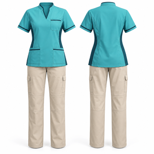 Ensemble de blouses médicales personnalisées pour femmes, haut bleu sarcelle à col en V, pantalon cargo beige, uniformes d'hôpital, tissu tissé en coton et polyester - Product Image 1