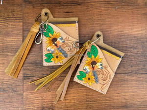 เคสใส่บัตรหนัง ATM ลายดอกไม้แท้มีสไตล์ทันสมัยเคสใส่บัตรมีพู่ห้อยแฟชั่นตะวันตกขนาดเล็กน่ารักมาใหม่พร้อมพวงกุญแจ - Product Image 3