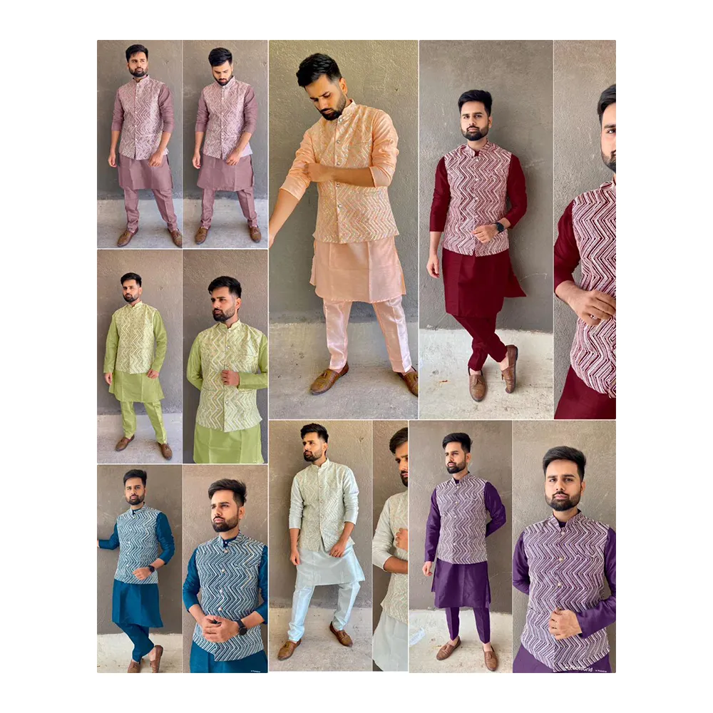 Ấn Độ Truyền Thống Đảng mặc nặng banglori lụa với bên trong trong kurta với Pajama & koti Áo khoác cho Mens bán buôn tỷ lệ