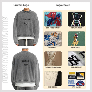 Washed <b>Grey</b> Oversized <b>Sweatshirt</b> Men's Fleece Pullover Cotton Blend Crewneck Long Sleeve Vintage Fade Streetwear Embroidered - Product Image 2