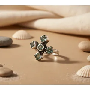 Art Palace Cross Shape 925 Silver Ring Green <b>Crystal</b> Bezel Setting Vintage <b>Cluster</b> Statement Ethnic Wedding Jewelry Unisex - Product Image 1