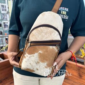 Pelo hecho a mano en cuero de vaca al aire libre solo hombro pecho bolsa pelo occidental en ocultar cuero genuino ciclismo deportes Sling Bag - Product Image 1