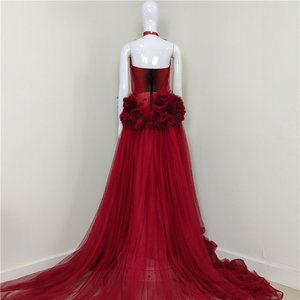 Abito da Sera Rosso a Linea A con Maniche Corte, Decorazione Floreale in Rete, Accenti in Strass, Taglie Forti, Lunghezza al Pavimento per Feste Formali - Product Image 1