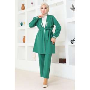 MSW19203-4 Ensemble décontracté 2 pièces avec détails en pierre émeraude, hauts longs mi-mollet à manches longues et col rond, 100% Polyester - Product Image 1