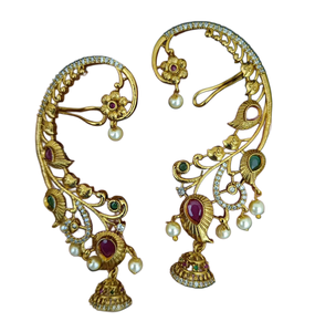 Designer Traditional Temple Elegant <b>Ear</b> <b>Cuff</b> <b>Earrings</b> with Jhumka & Pearl Drops | Gold Plated CZ Stone Indian Jewelry for Women - Product Image 1
