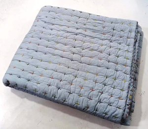 Indian Handmade Kantha Quilt Solid Color Cotton Blanket Reversible <b>Quilted</b> <b>Throw</b> Hand Stitched Soft Quilt - Product Image 6