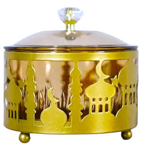 Lujosa bandeja de Ramadán con tapa en metal dorado, ideal para servir a los invitados y mejorar sus decoraciones de Eid Mubarak y Ramadán - Product Image 1