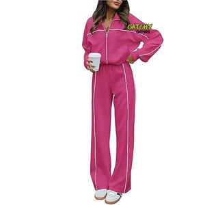 Ensemble deux pièces d'entraînement avec logo personnalisé pour femme, ensemble veste à capuche et pantalon évasé à rayures pour fitness et yoga, survêtement pour femme - Product Image 4