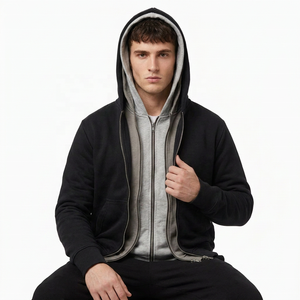 Sweat-shirt surdimensionné en coton Y2K pour homme, personnalisé, noir et gris, à double capuche, fermeture éclair intégrale, brodé, écologique, style streetwear, poids lourd - Product Image 5