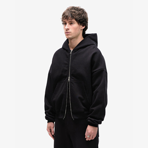 Men's Custom Logo Embroidered Solid Pattern Cotton Adult Hoodie Long Sleeve Double Zipper-Factory <b>Direct</b> Supply - Product Image 3