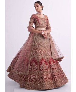 Lehengacholi ชุดแต่งงานเจ้าสาวผ้าชีฟองสีแดงมีกระจกหนาปักเลื่อมสำหรับเด็กผู้หญิง - Product Image 3