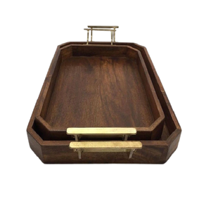 Juego de dos bandejas de madera de diferentes tamaños con mango de acero Bandeja de desayuno de restaurante de forma redonda - Product Image 4