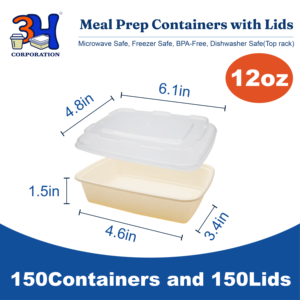 Contenitori per la preparazione dei pasti 3H da 12 oz riutilizzabili [150 set] Contenitori per alimenti da asporto con coperchi - Senza BPA, adatti a microonde/lavastoviglie/congelatore - Product Image 2