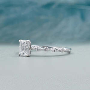 IGI Certified Emerald Cut Engagement <b>Ring</b> with Pave <b>Diamond</b> Band White Gold-<b>Diamond</b> <b>Rings</b> - Product Image 2
