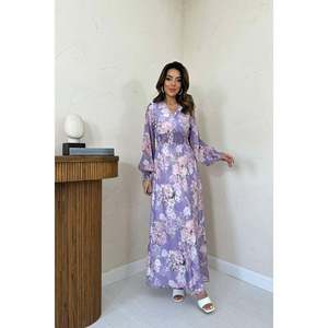 Vestido Midi de Gasa con Volantes Tejidos en Color Lila Sólido para Otoño - Product Image 3