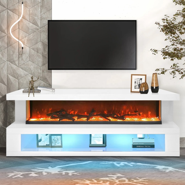 Hot Sale Source Factory Modern Luxury MDF Mirrored TV Stand Simulated Flame Fireplace Living Room Decor Wholesale Custom Made