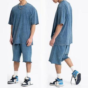 Camiseta personalizada con lavado ácido y pantalones cortos con dobladillo crudo y hombros caídos de talla grande, pantalones activos de algodón para hombre con logotipo personalizado - Product Image 4