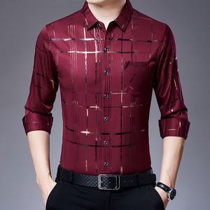 New Arrival <b>Men's</b> Casual Long Sleeve <b>Satin</b> Blouse <b>Shirt</b> Loose Fit Stand Collar Anti-Wrinkle Autumn Stripe Print Wholesale - Product Image 6