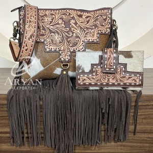 2025 Luxury Large-Capacity Hand Tooled Cowhide Leather Zipper Crossbody Fringe Handbags with Bifold Wallet Clutch Two-Piece Set - Product Image 1