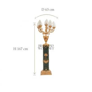 Candélabre sur piédestal en marbre vert majestueux avec lampe figurative en laiton plaqué or et abat-jour en verre flamme - Product Image 6