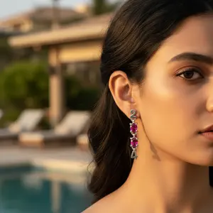 Boucles d'oreilles tendance pour femmes en argent 24 carats avec pierres précieuses roses, plaquées or rose, zircon diamant, perle pour fiançailles - Cadeau de bijoux - Product Image 2