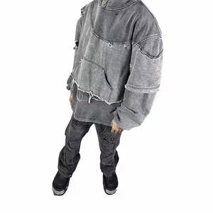 Venta al por mayor ropa de calle personalizada rasgada hombres piedra lavado con ácido de alta calidad de doble capa dobladillo crudo desgastado Sudadera con capucha para hombres - Product Image 5