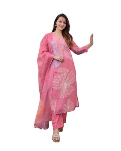 Nouvel ensemble élégant en soie Georgette brodée à imprimé floral, haut, bas et dupatta longueur genou, anti-humidité - Product Image 1