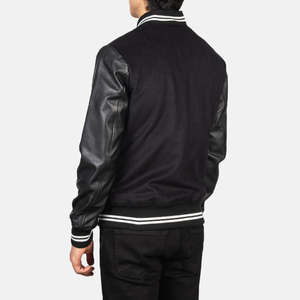 Men's Women's Black <b>Sheepskin</b> Leather Hybrid Varsity <b>Jacket</b> Water Proof XS Size Streetwear Style Hooded Collar Pattern - Product Image 4