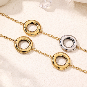 Perhiasan POP kalung panjang wanita, liontin lingkaran rongga berlapis emas Stainless Steel trendi tidak pudar tidak alergi - Product Image 3