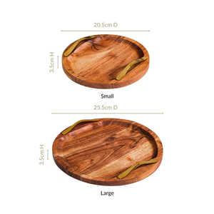 Juego de 2 bandejas redondas de madera de acacia con asas doradas, bandeja decorativa rústica marroquí de lujo para el hogar con diseño artístico cuadrado - Product Image 6