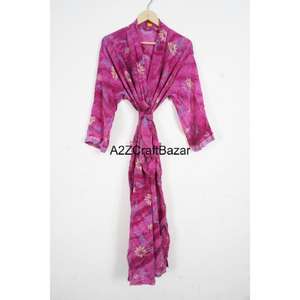 Robe en soie patchwork vintage indienne, élégante, pour l'été, la plage, la mariée, la maternité, sari kimono, manches longues, col en V, cordon de serrage sur le devant - Product Image 1