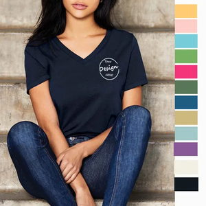 Camiseta de manga corta con cuello en V profundo para mujer, camiseta informal CVC 60% algodón 40% poliéster estampado de secado rápido para verano - Product Image 1