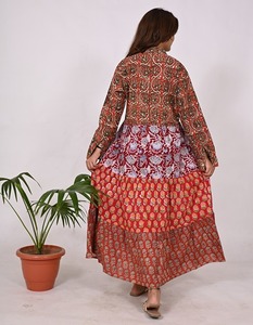 Maxi vestido estampado de bloque de algodón Floral para mujer estilo bohemio vestido de retazos hasta el suelo botón Natural para fiestas festivales - Product Image 5