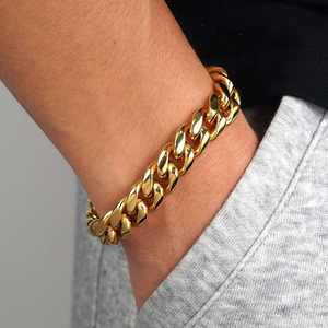 สร้อยข้อมือคิวบาลิงค์ขนาด 12 มม. ชุบทอง 14K รูปทรงเรขาคณิต ทันสมัย ของขวัญทางศาสนา ประดับเพชรและมุก ทำจากทองแดง สแตนเลส และทองเหลือง - Product Image 6