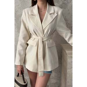 Veste en lin rayée blanc cassé - Ecru - Product Image 4