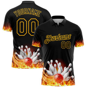 New Arrival Custom Team Name <b>Black</b> Gold Flame Bowling 3D Pattern Design Moisture Wicking <b>Polo</b> Shirt For Sportswear OEM 2025 - Product Image 1