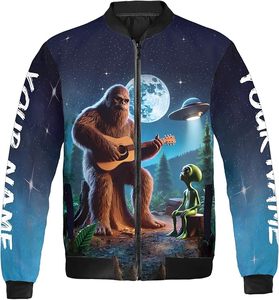 Veste universitaire imperméable pour hommes, veste de bombardier Bigfoot UFO, avec Bigfoot jouant de la guitare, style extérieur, vente en gros - Product Image 6