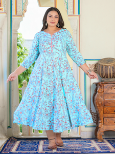 ชุดเดรสคลุมท้องผ้าเรยอนพิมพ์ลายดอกไม้สีฟ้าอ่อน ยืดได้ ทรงอนาร์กาลี สำหรับผู้หญิง คอทรงกลม แขน 3/4 สวมใส่สบายในชีวิตประจำวัน - Product Image 4