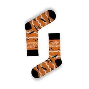 Happy Halloween Nylon Orange <b>Socks</b> with Bat Pattern Embroidery Breathable Warm <b>Long</b> Disposable One-Size-Fits-All for Daily Use - Product Image 1