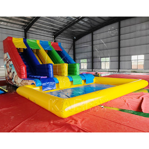 สไลเดอร์น้ำเป่าลมคู่แบบเชิงพาณิชย์ สไลเดอร์ปาร์ตี้สีรุ้ง PVC ให้เช่า สไลเดอร์เป่าลมขนาดใหญ่ สไลเดอร์เป่าลมแบบถอดประกอบได้พร้อมสระน้ำ - Product Image 1