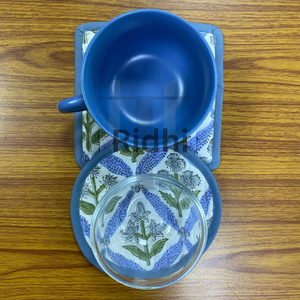 Light Steel <b>Blue</b> Quilted Piping <b>Coasters</b> Set 5x5" Bohemian Eco-Friendly Hand Block Printed Reusable Fabric Home Offices Cafes - Product Image 6